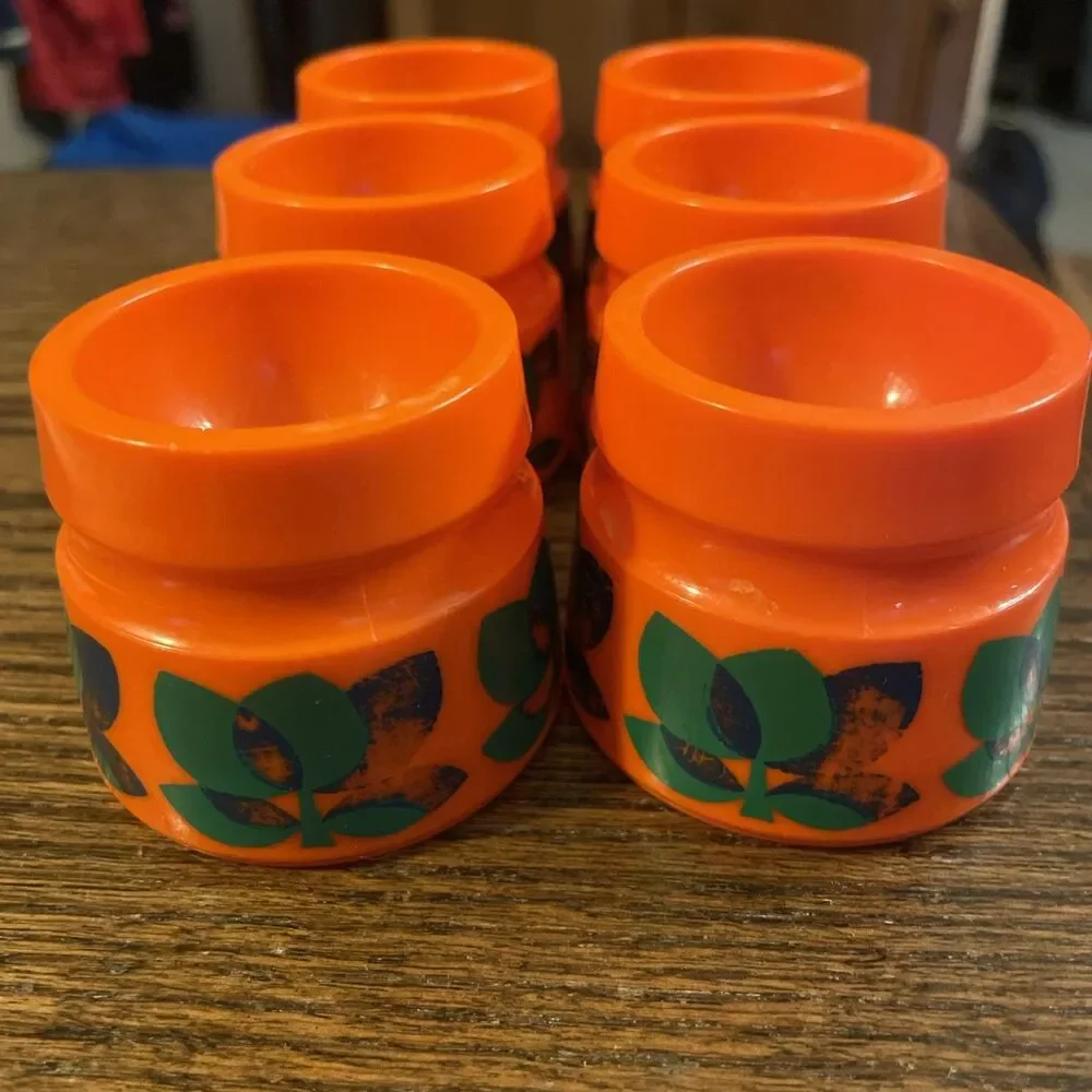 6 Vintage Plastic Egg Cups Mid Century Bright Orange Groovy Floral